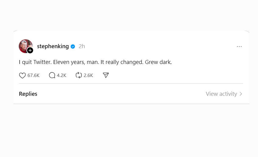 Culture: Stephen King Departs X, Cites Platform’s ‘Dark Turn’ on&nbsp;Threads