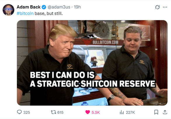 Adam Back’s Post on Twitter Reveals True Sentiment of Bitmerica Regarding Trump’s Strategic Crypto&nbsp;Reserve