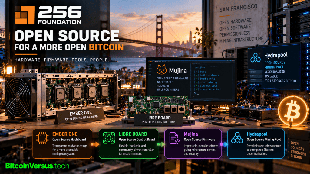 256 Foundation open-source Bitcoin mining stack in San Francisco showing Ember One hashboard, Libre Board control board, Mujina firmware and Hydrapool