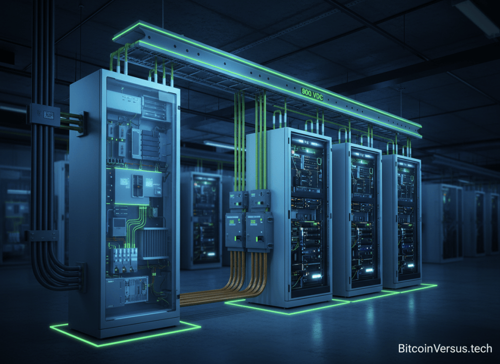 800 VDC AI data-center power architecture with solid-state circuit breaker protection between grid conversion equipment and high-density compute racks.