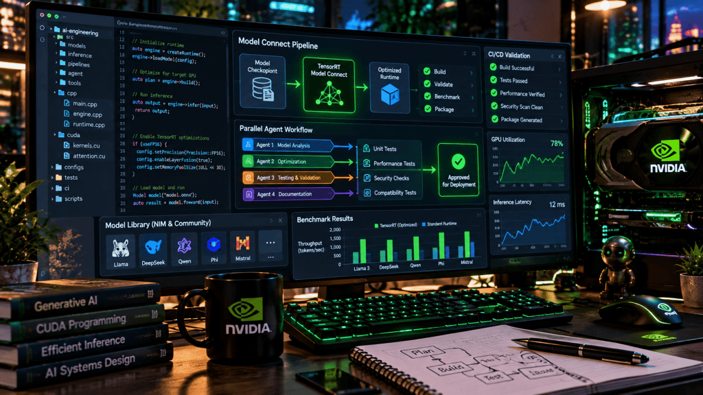 Developer workstation showing TensorRT Model Connect pipelines, parallel coding-agent workflows, validation checks, GPU utilization, and an NVIDIA GPU system.