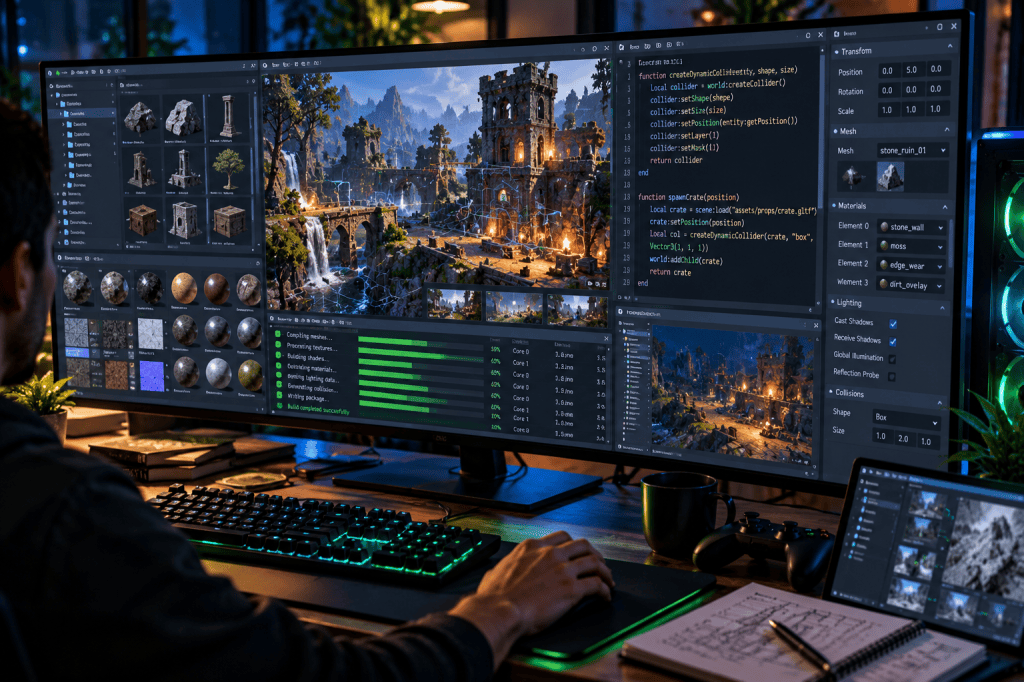 Developer working in a game engine editor with Lua code, 3D ruins, materials, collision tools, and parallel compilation indicators.