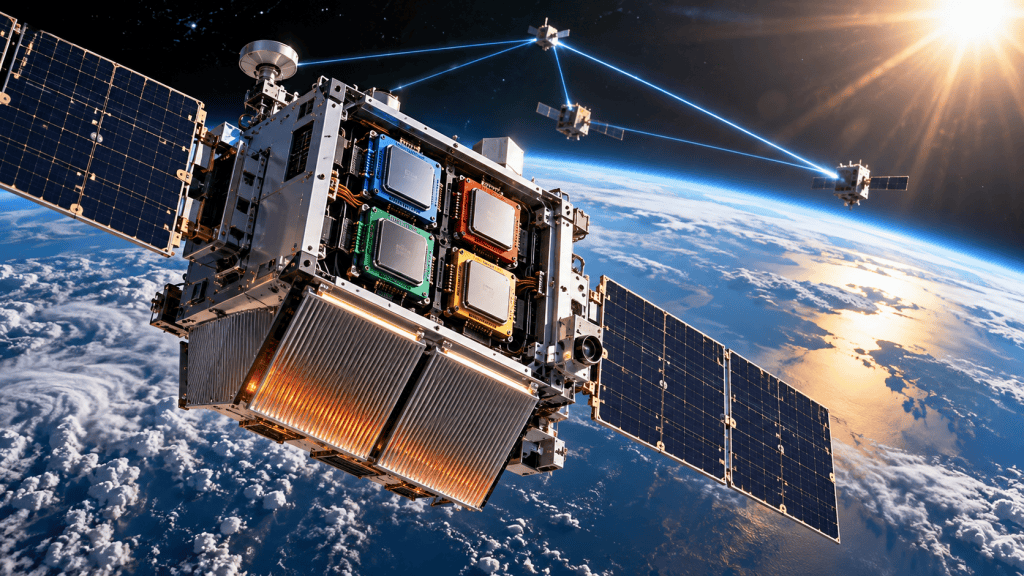 Editorial illustration of a solar-powered orbital AI satellite with processor modules, radiators and laser-linked satellites above Earth.