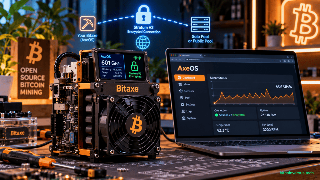 Illustration of an open-source Bitaxe Bitcoin miner running AxeOS with an encrypted Stratum V2 connection
