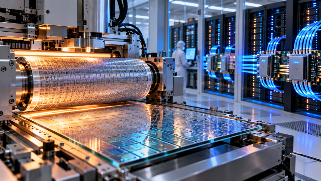 Nanoimprint lithography manufacturing system patterning optical components with an AI data center in the background, illustrating Morphotonics' expansion into co-packaged optics.