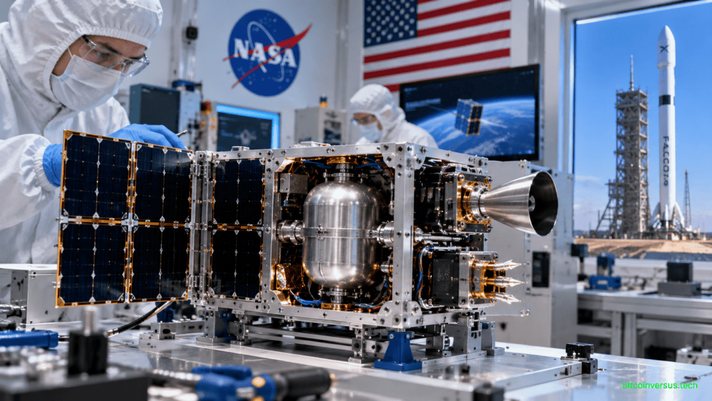 Illustration of engineers inspecting a dual-mode CubeSat propulsion system in a clean room