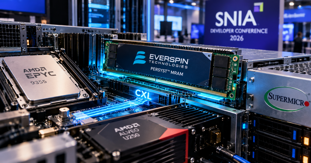 Editorial illustration of an Everspin PERSYST MRAM module connected through CXL in a server platform at SNIA Developer Conference 2026.