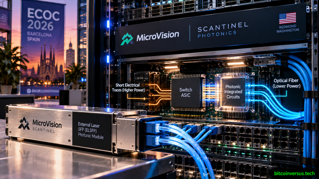 MicroVision Scantinel external laser ELSFP module feeding co-packaged optics inside an AI data center network switch