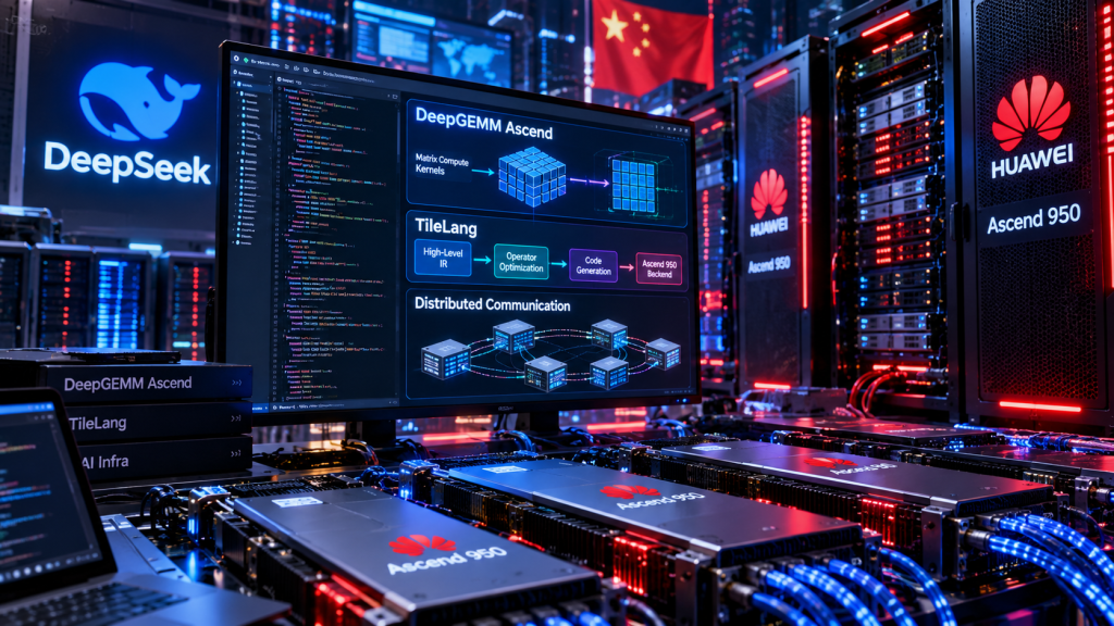 DeepSeek and Huawei Ascend 950 AI infrastructure with DeepGEMM Ascend, TileLang and distributed computing diagrams in a futuristic data center.