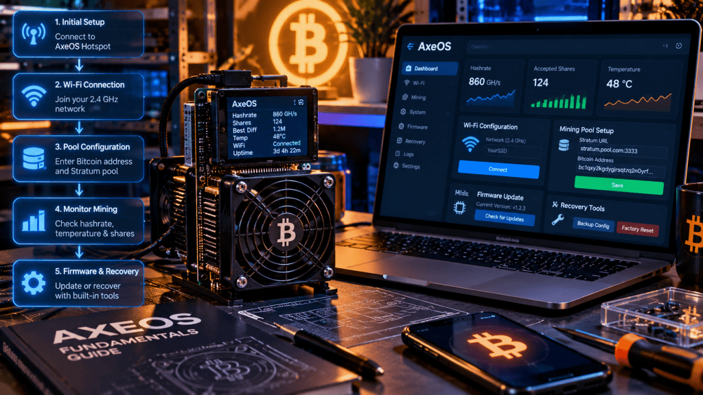 Editorial illustration of a Bitaxe miner beside an AxeOS dashboard showing Wi-Fi setup, pool configuration, mining telemetry and recovery tools