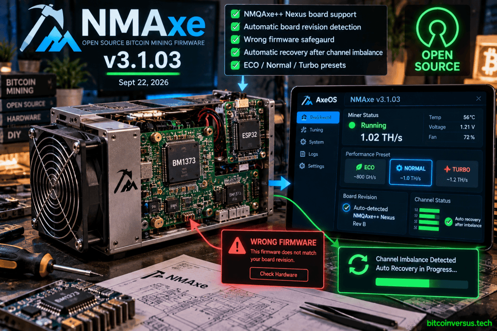 NMAxe open-source Bitcoin miner firmware v3.1.03 with Nexus board, BM1373 ASIC, board detection and recovery safeguards