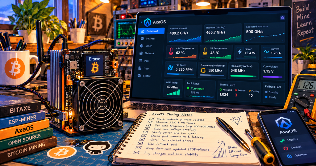 Anime-style Bitcoin mining workbench showing a Bitaxe miner beside an AxeOS telemetry dashboard with hashrate, temperatures, power, frequency, voltage, pool and share metrics.