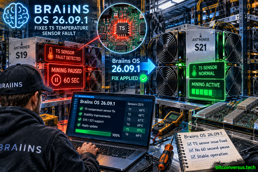 Braiins OS 26.09.1 illustration showing T5 temperature sensor fault and restored Antminer S19 and S21 mining