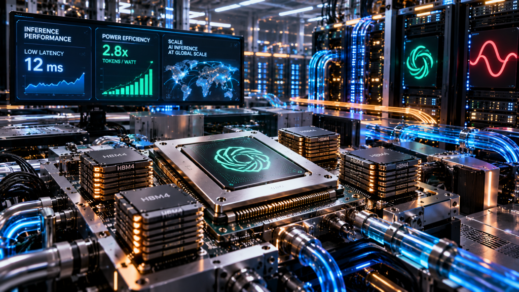 Editorial illustration of a liquid-cooled AI inference ASIC surrounded by HBM4 memory, server racks and performance dashboards