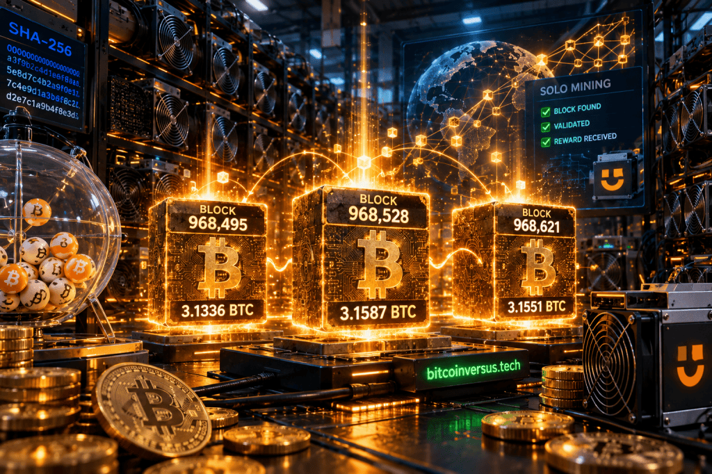 Three Bitcoin blocks found in rapid succession by a solo mining setup, illustrated with ASIC miners and SHA-256 infrastructure