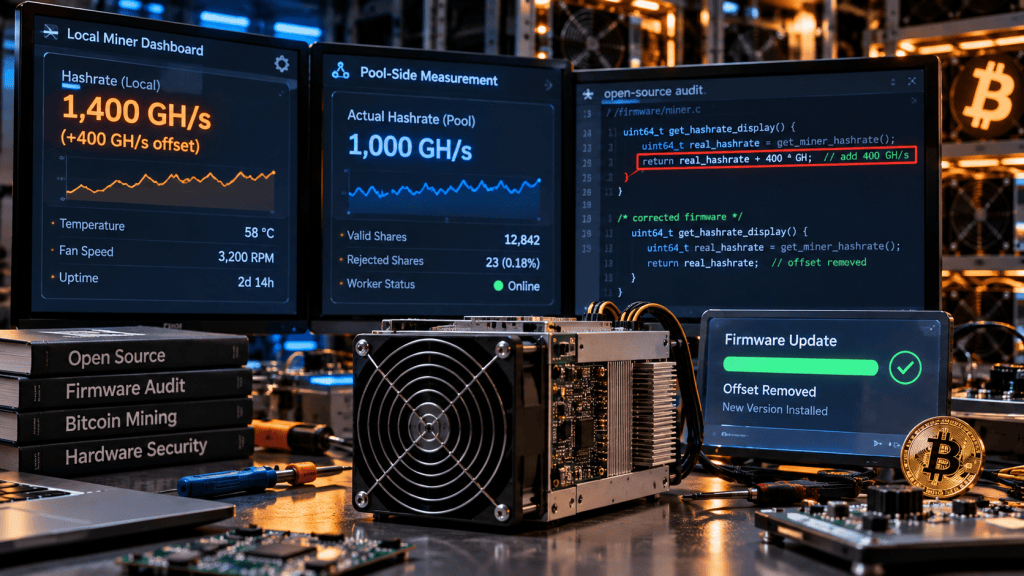 Editorial illustration of a home Bitcoin miner firmware audit comparing local displayed hashrate with pool-side measured hashrate