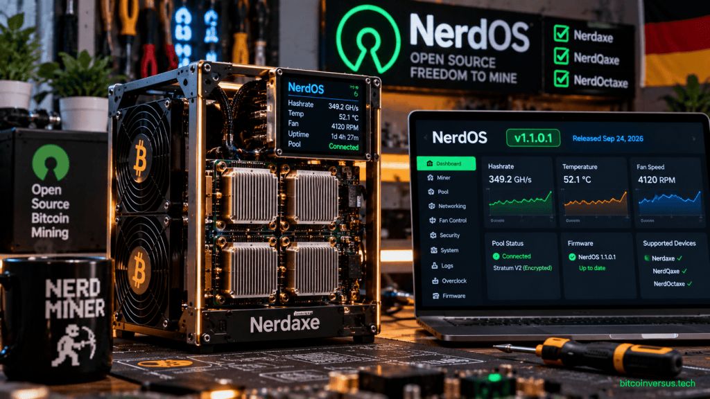 Illustration of an open-source NerdQaxe-style Bitcoin miner beside the NerdOS firmware dashboard