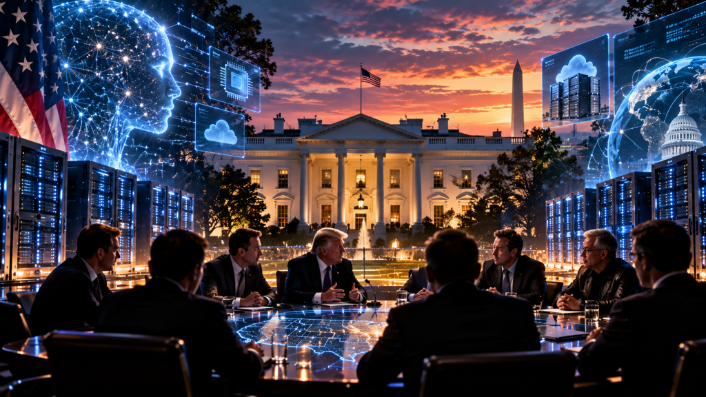 Editorial illustration of a White House AI summit with technology executives, data centers, a connected U.S. map and artificial intelligence imagery