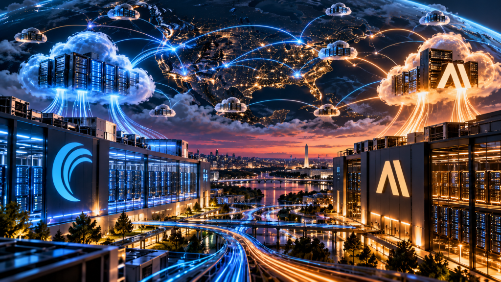 Editorial illustration of a distributed AI cloud network connecting Akamai-style blue infrastructure with Anthropic-style amber AI compute across the United States