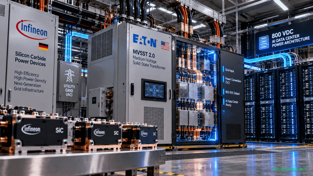 Illustration of an Eaton medium-voltage solid-state transformer using Infineon silicon carbide power devices for an 800 VDC AI data center