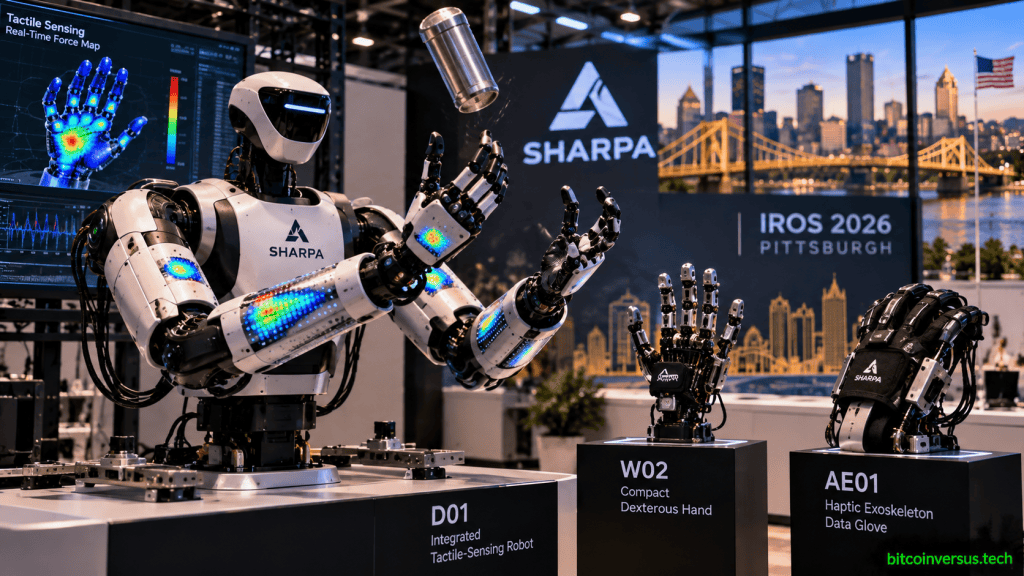 Sharpa D01 tactile robot, W02 dexterous hand and AE01 haptic data glove at IROS 2026 in Pittsburgh