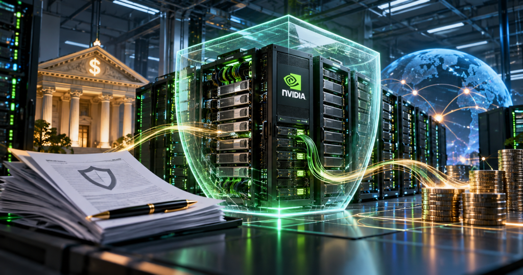 NVIDIA AI server racks protected by a digital shield beside financial and insurance symbols