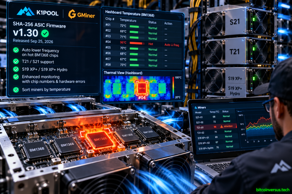 Bitcoin ASIC firmware dashboard showing automatic hot-chip frequency reduction on BM1368 miners