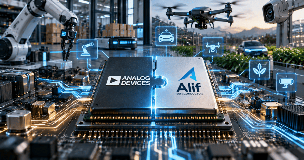Analog Devices and Alif Semiconductor chips joining on a circuit board surrounded by robotics and edge AI systems