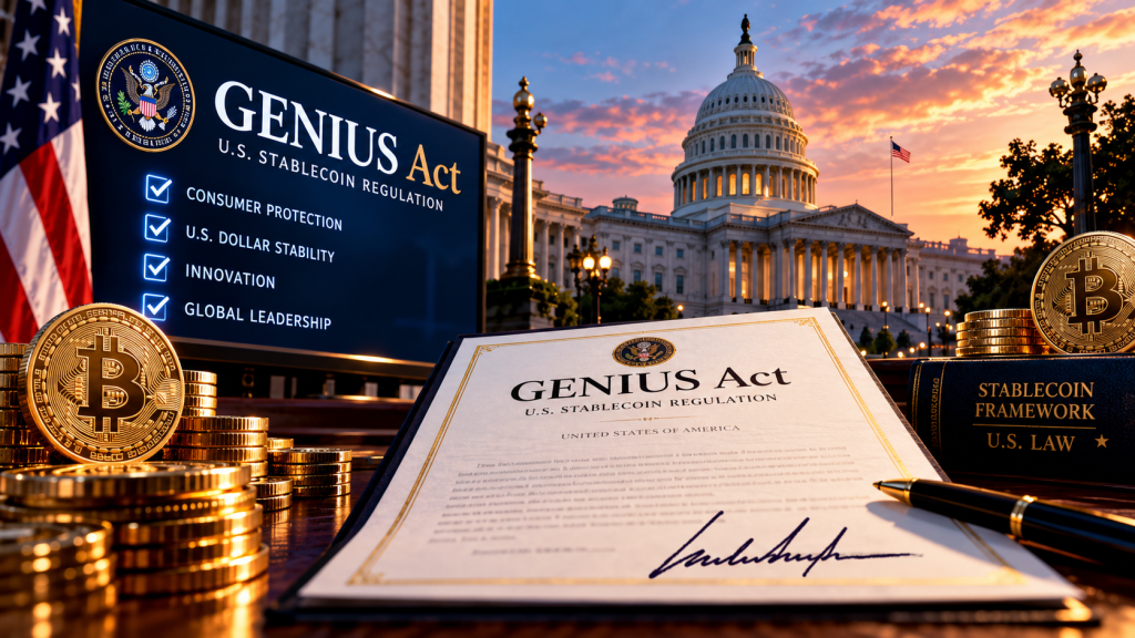 Editorial illustration of the U.S. Capitol, American flag, GENIUS Act stablecoin regulation materials and Bitcoin imagery.