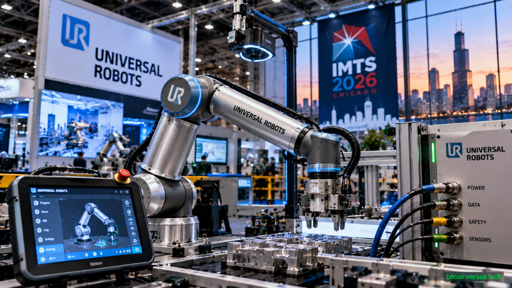 Illustration of a Universal Robots Gen 7 cobot platform at IMTS 2026 in Chicago with integrated power data safety and sensor connections