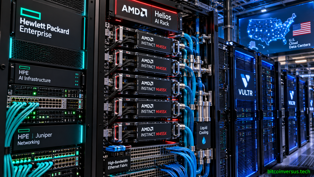 HPE and Vultr data center deployment of AMD Helios AI racks with Instinct MI455X GPUs, Juniper scale-up Ethernet networking and liquid cooling