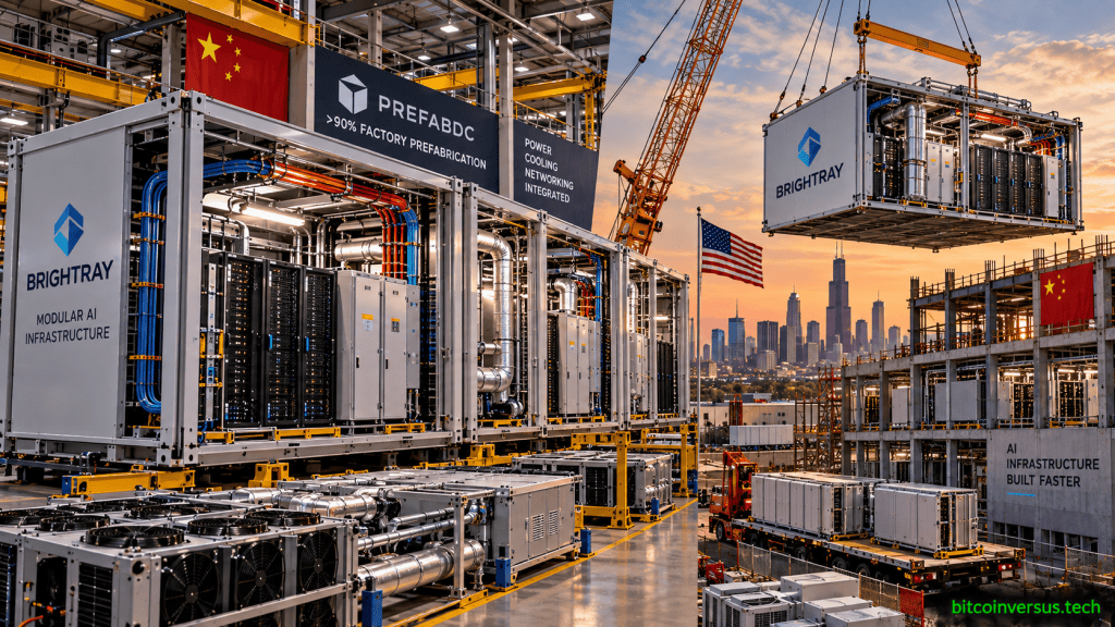 Factory-built modular AI data center sections with power cooling networking and server systems being assembled and lifted into a data center building