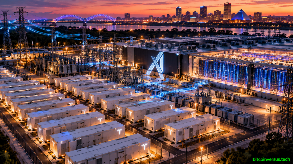 Illustration of xAI Colossus Memphis AI data center with a massive Tesla Megapack battery storage field and grid infrastructure