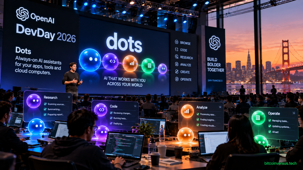 Illustration of OpenAI DevDay 2026 introducing dots, always-on AI assistants working across apps and cloud computers