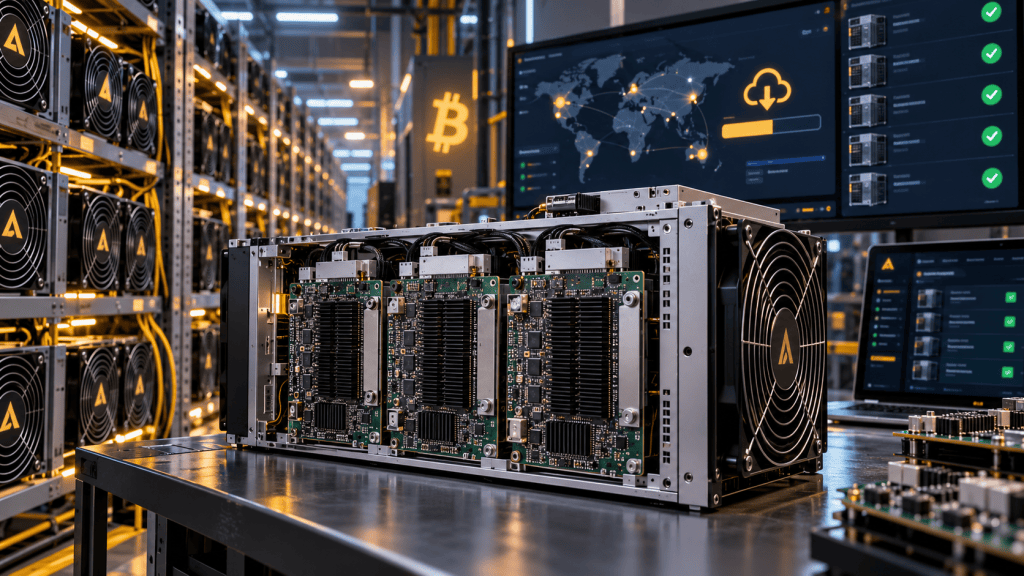 Bitcoin mining ASIC with three hashboards in a Luxor-inspired fleet management environment
