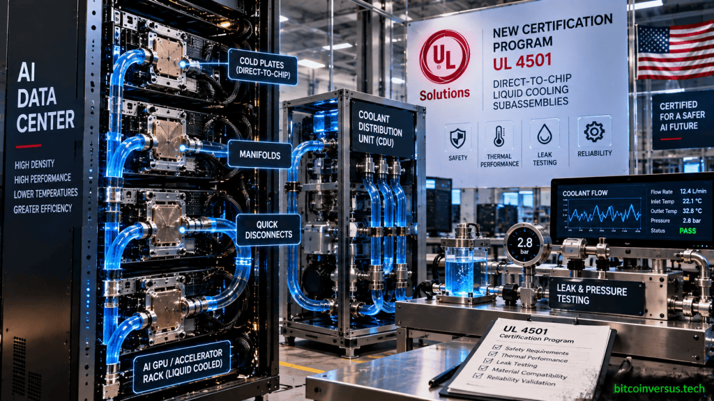 UL Solutions testing direct-to-chip liquid cooling subassemblies for AI data centers, including cold plates, manifolds, quick disconnects and coolant distribution equipment