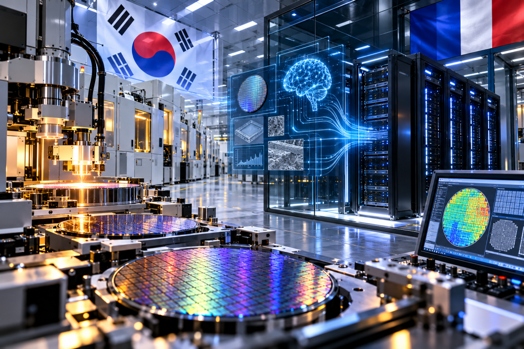 Samsung semiconductor fab and secure on-premises AI infrastructure with South Korean and French visual motifs