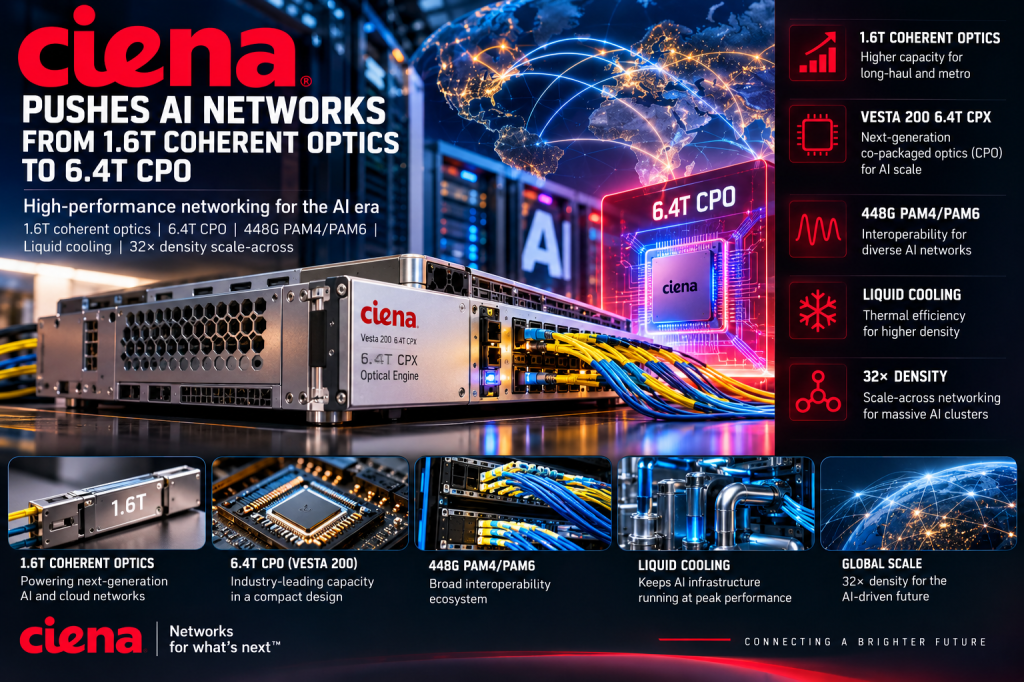 Ciena AI networking illustration showing 1.6T coherent optics, Vesta 200 6.4T CPO, 448G electrical interfaces and liquid cooling