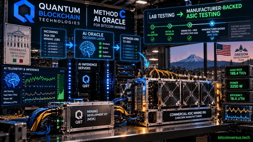 Quantum Blockchain Technologies Method C AI Oracle moving from lab testing to manufacturer-backed Bitcoin ASIC mining rig and Mining Development Kit testing
