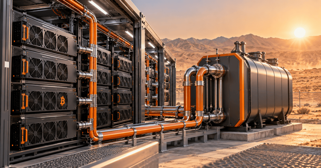 Closed-loop hydro-cooled Bitcoin mining racks connected to a thermal cold-storage module in a hot, arid environment.