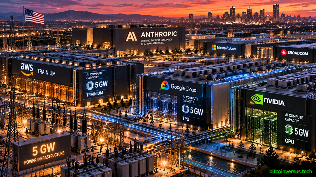 Editorial illustration of Anthropic AI infrastructure spanning AWS Trainium, Google TPUs, NVIDIA GPUs, Microsoft Azure and Broadcom across a large U.S. data center campus