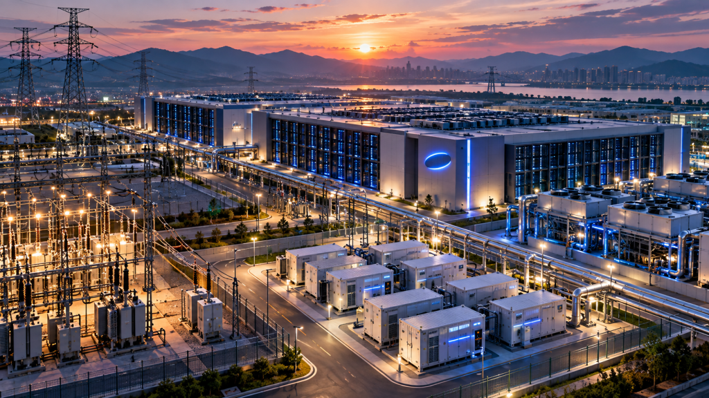 Editorial illustration of a large AI data center, substation, battery storage and cooling campus, representing Samsung's investment in Helix Digital Infrastructure.