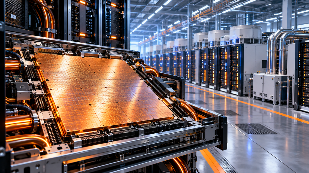 Illustration of a wafer-scale AI compute system inside a large data center, representing Cerebras CS-4 capacity planned for Gimlet Cloud.