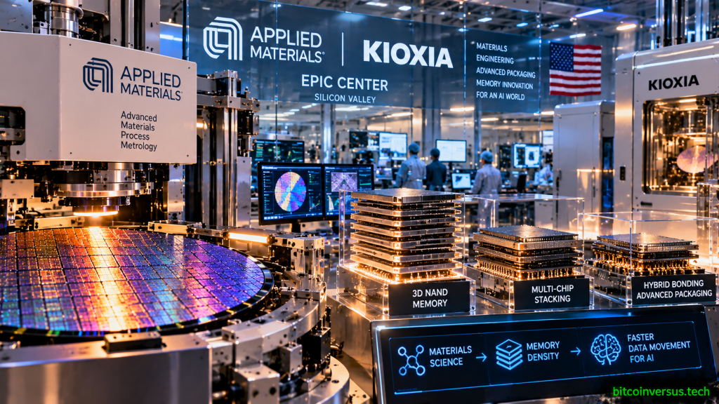 Applied Materials and KIOXIA semiconductor cleanroom illustrating advanced memory cells, multi-chip stacking, packaging and materials engineering for AI memory