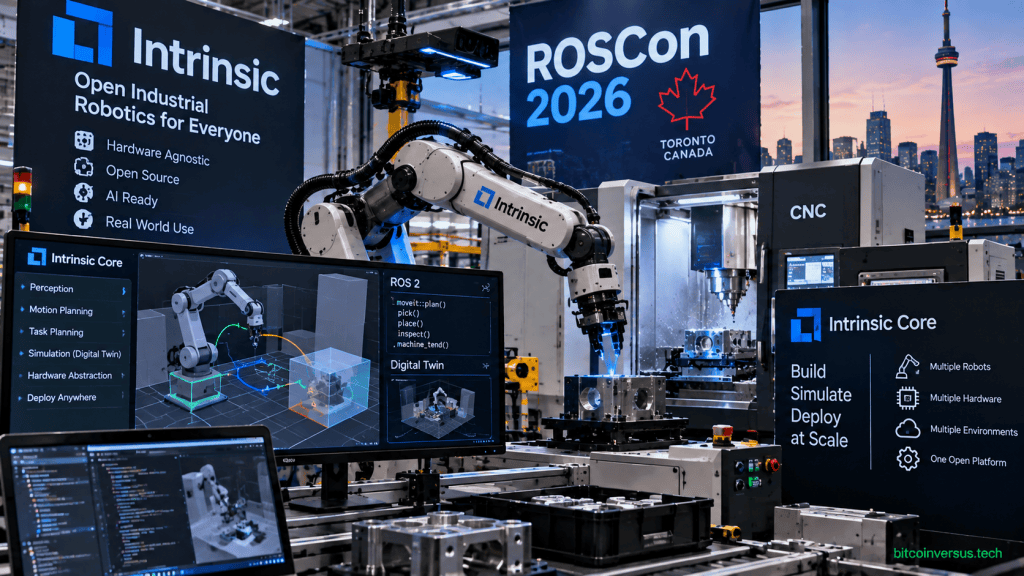 Illustration of an Intrinsic industrial robot and CNC workcell using Intrinsic Core and ROS 2 at ROSCon 2026 in Toronto