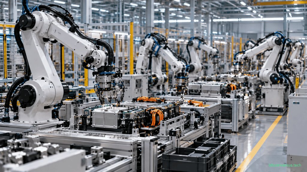 Industrial robotic arms operating on a modern automated factory production line