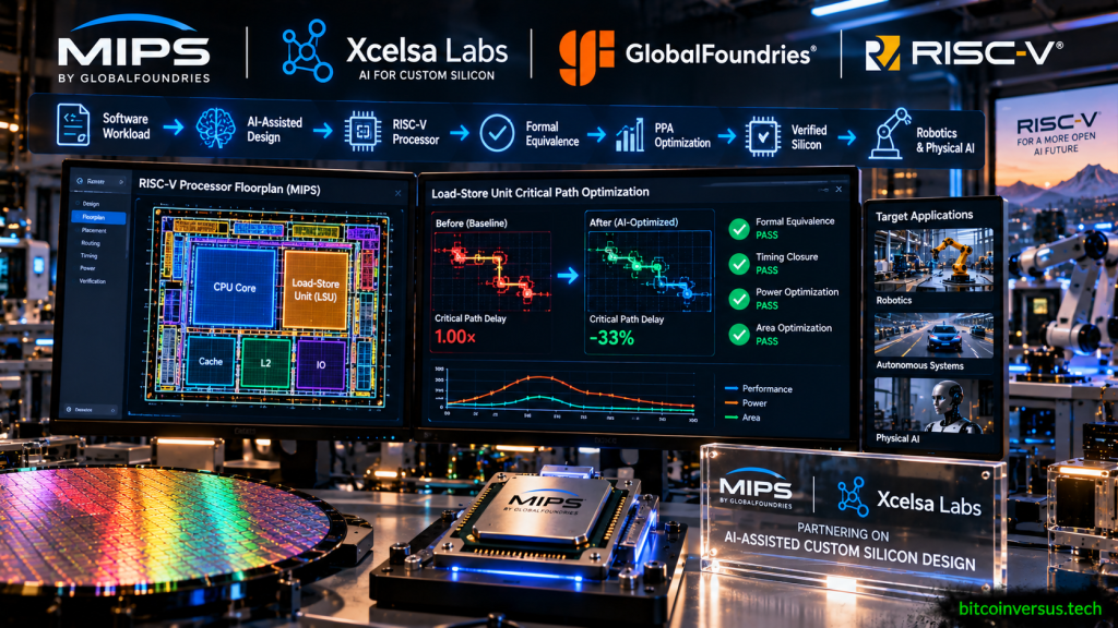 Semiconductor design lab illustrating MIPS and Xcelsa Labs using AI-assisted optimization and formal verification for workload-specific RISC-V custom silicon