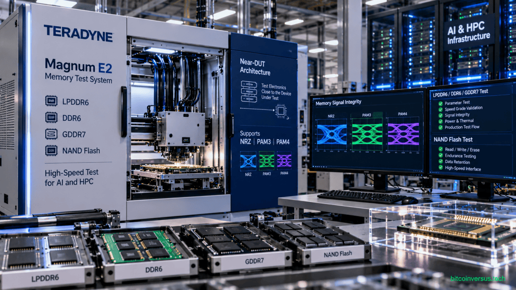 Illustration of Teradyne Magnum E2 testing LPDDR6 DDR6 GDDR7 and NAND memory for AI and HPC systems