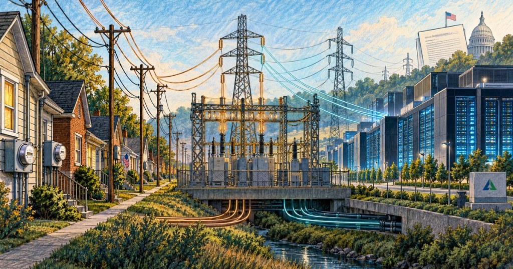 AI-generated colored-pencil illustration of a neighborhood and AI data center sharing a substation beneath U.S. transmission lines.