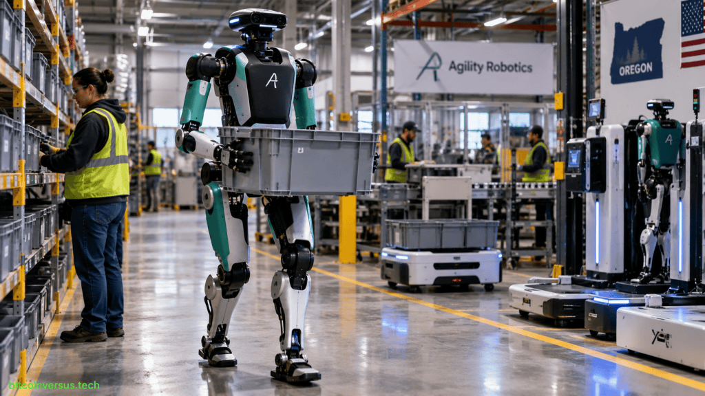 Editorial illustration of an Agility Robotics inspired humanoid working beside people in an Oregon warehouse, with subtle company and U.S. visual identifiers